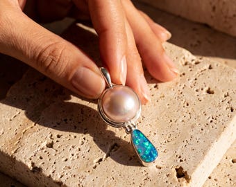 Blue Opal Pearl Pendant 925 Silver Ocean Talisman Teardrop Necklace High Shine Bezel Set Handmade Crystal Gift Jewelry
