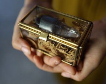 Große Rechteck Glas Messing Schmuck Display Box Gold getönten Edelstein Ring Halskette Andenken Geschenk 8,5 cm