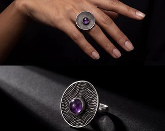 Adjustable Amethyst Ring 925 Sterling Silver Solar Disc Ring Violet Cabochon Crown Chakra Statement Jewelry Gift