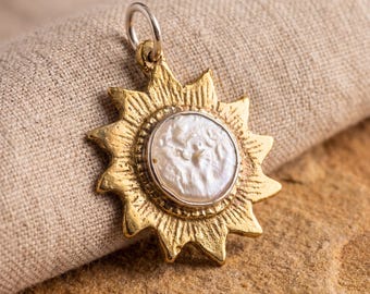 Mother of Pearl Sun Pendant Gold Plated Brass Lunar Eclipse Necklace Crown Third Eye Chakra Cancer Gift