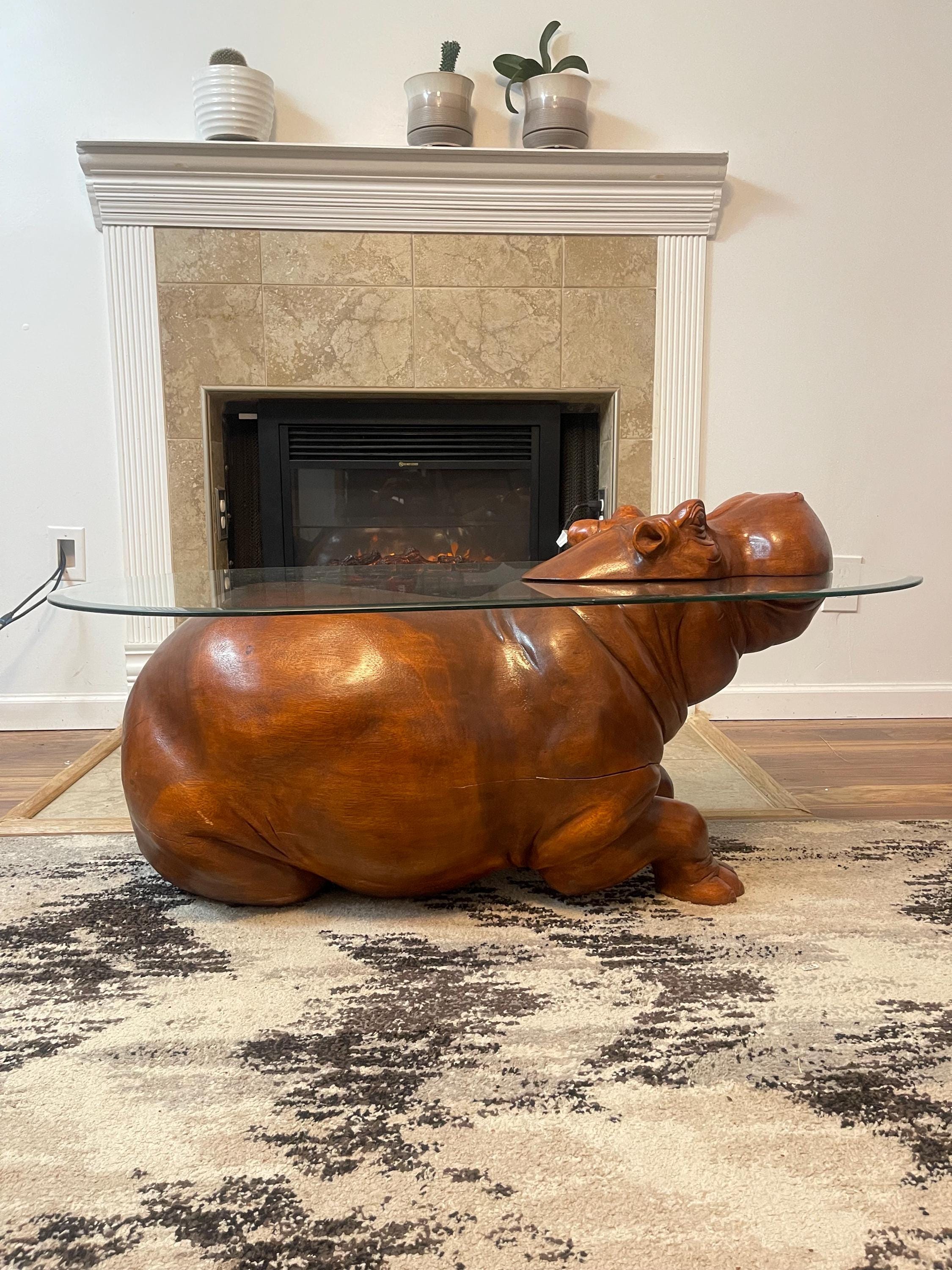 Hippo Figurine Hippo Glass Top Coffee Table Handcrafted Wooden