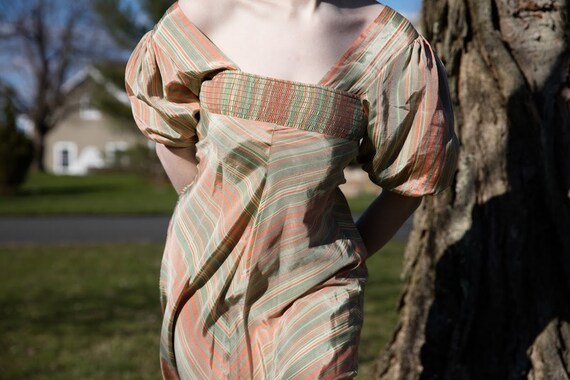 1970s chevron print silky dress with huge puffy sl