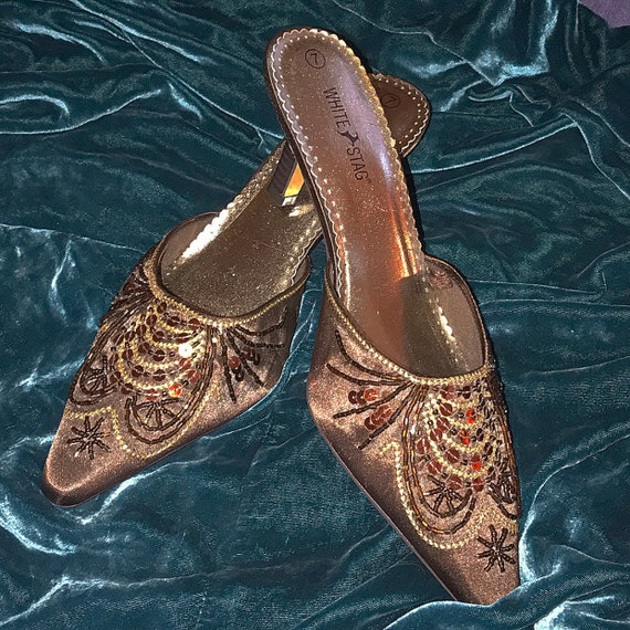 Iridescent Chocolate Satin Kitten Heels 