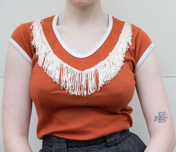 70s cowgirl short sleeve shirt with fringe collar