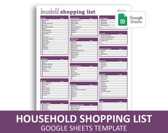 Household Shopping List Excel Template Editable Printable | Etsy