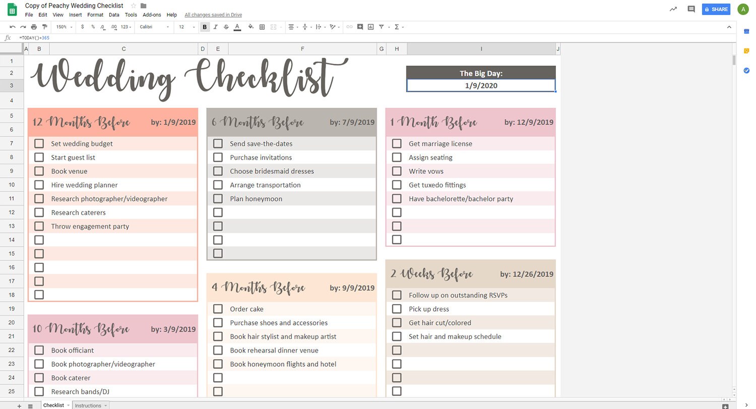Peachy Wedding Checklist Google Sheets Template Checkable Etsy