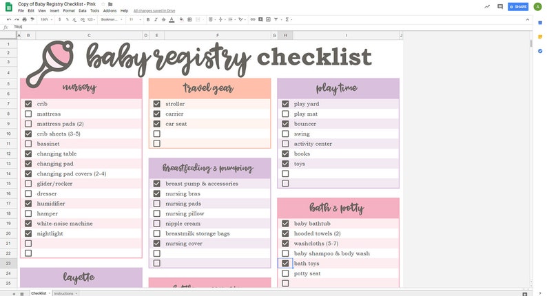 Baby Registry Checklist Pink Google Sheets Template Etsy