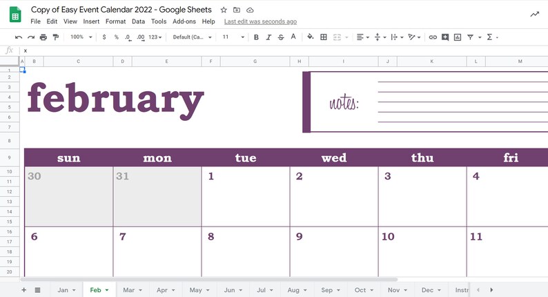 easy event calendar 2022 google sheets template printable