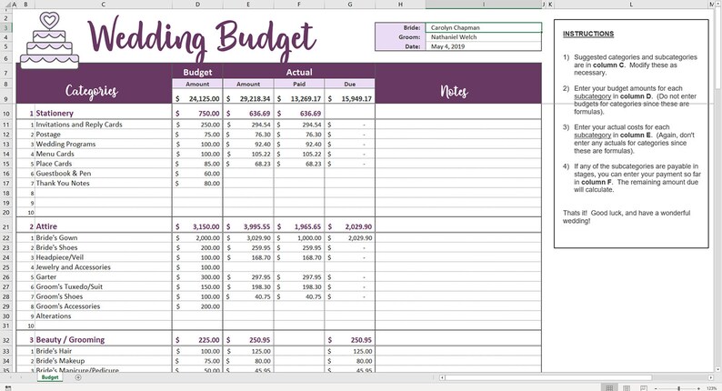 Easy Wedding Budget Excel Template Printable Wedding Etsy