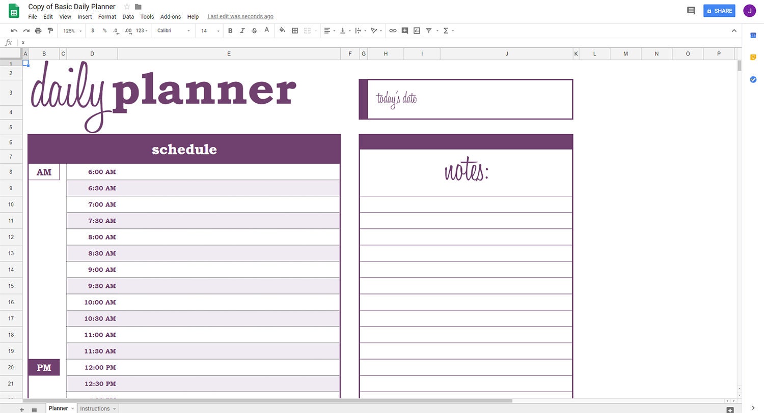 basic-daily-planner-google-sheets-template-printable-daily-etsy