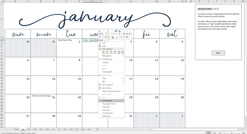 Élégant mensuel calendrier 2019