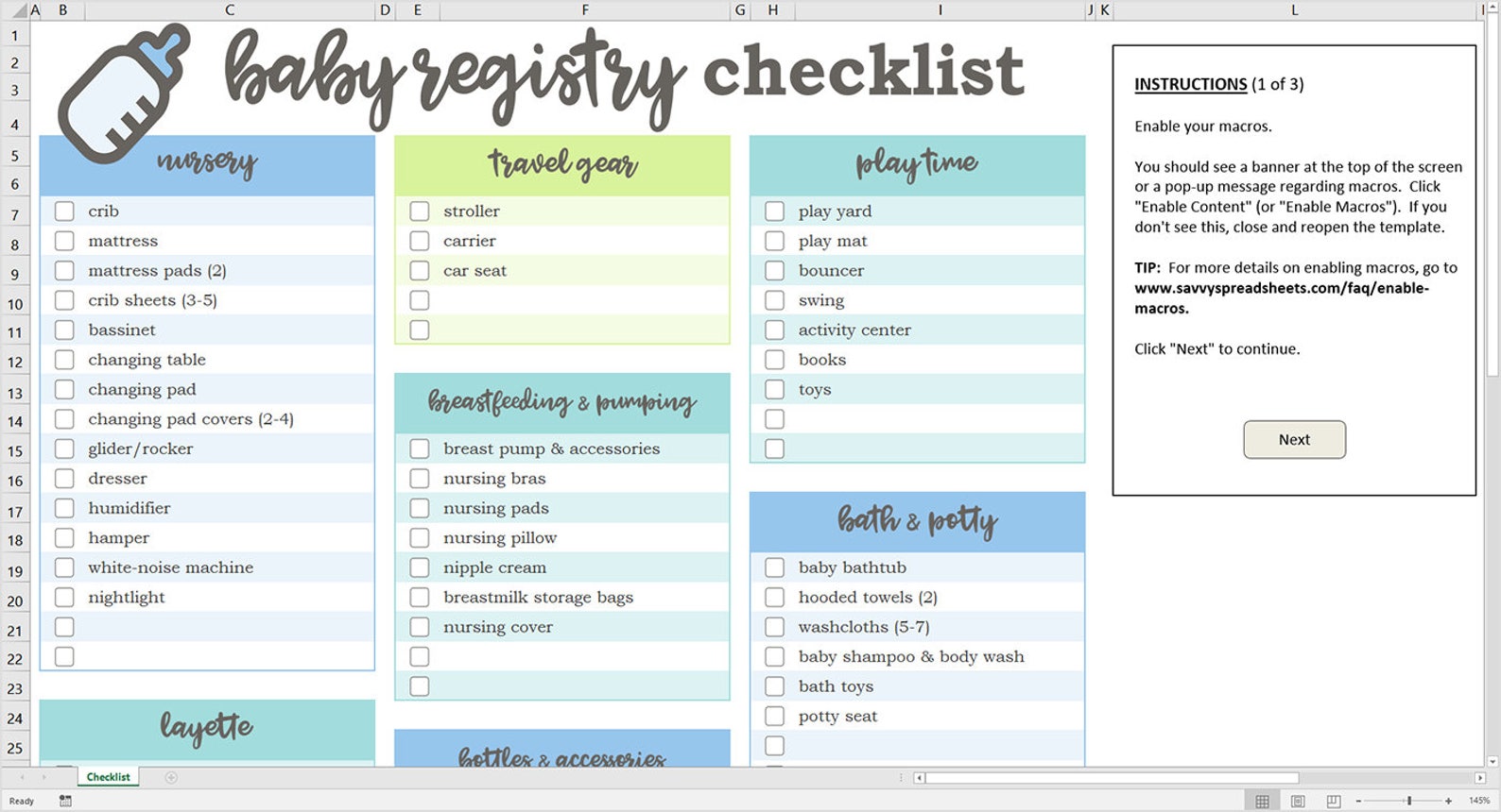 Baby Registry Checklist Blue Excel Template Checkable Etsy