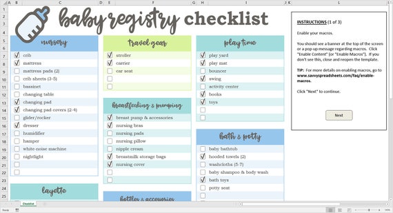 Baby Registry Checklist Blue Excel Template Checkable Etsy