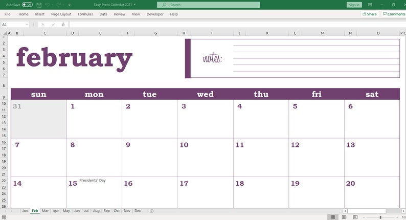 easy event calendar 2021 excel template printable monthly etsy