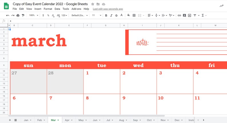 easy event calendar 2022 google sheets template printable etsy