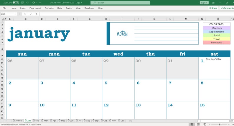 deluxe event calendar 2022 excel template printable etsy