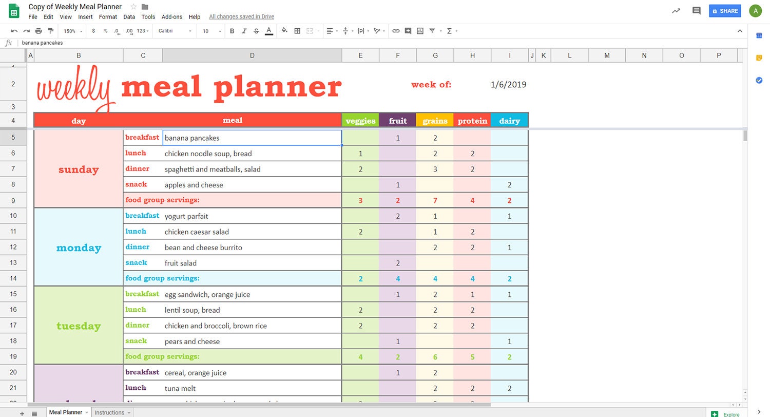 Weekly Meal Planner Google Sheets Template Printable | Etsy