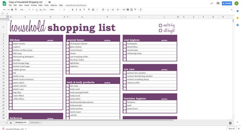 Household Shopping List Google Sheets Template Printable | Etsy
