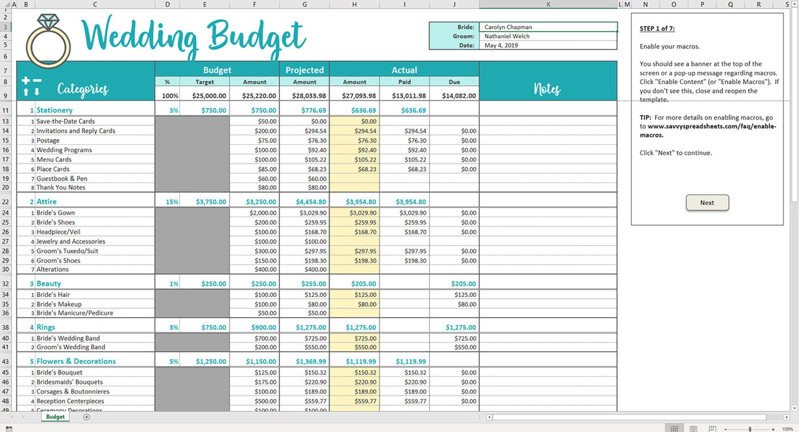 Savvy Wedding Budget Excel Template Editable Printable Etsy