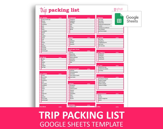 Trip Packing List Google Sheets Template Printable Packing Etsy