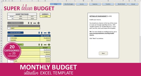 Super Deluxe Budżetu Miesięczny Planer Budżetu Excel Szablon Budżet Arkusza Kalkulacyjnego śledzenie Oszczędności I Wydatków Instant