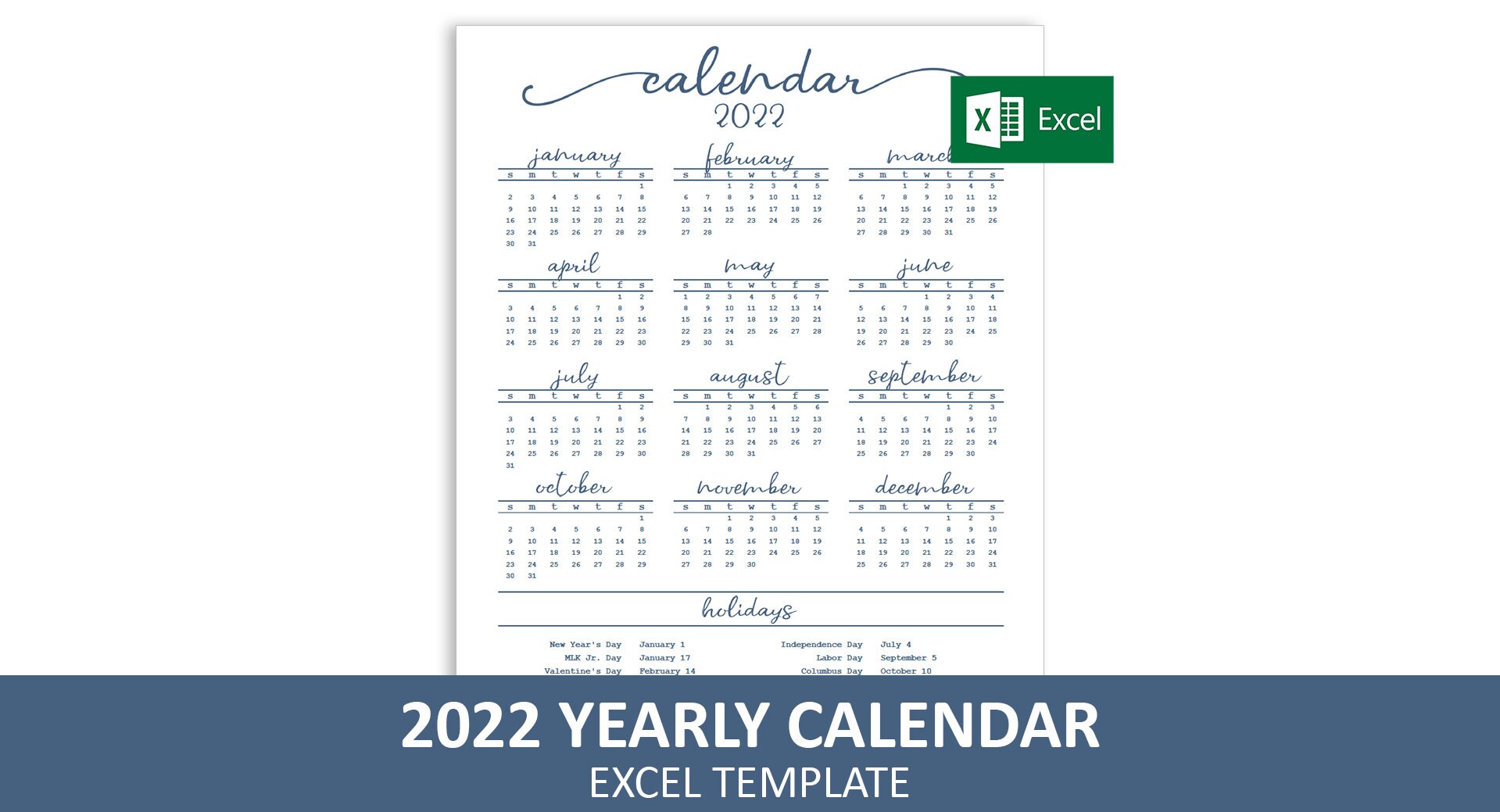 elegant yearly calendar 2022 excel template printable etsy