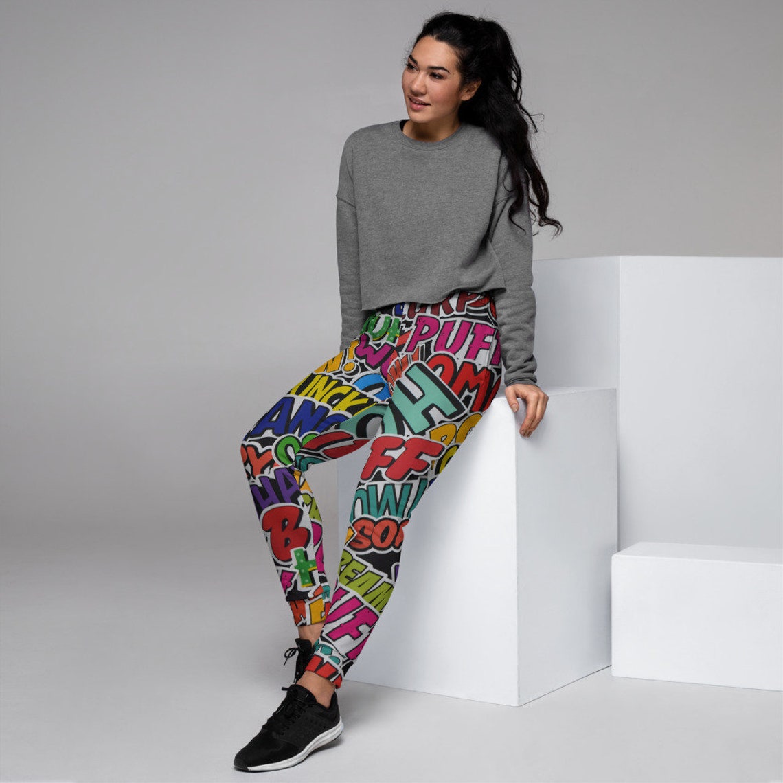 joggers with words on front