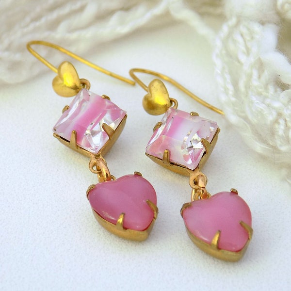 Pink Earrings Vintage Pink Brass Earrings Glass Heart Earrings  Art Deco Earrings Mother's Day Gift for Her Gift Wrap