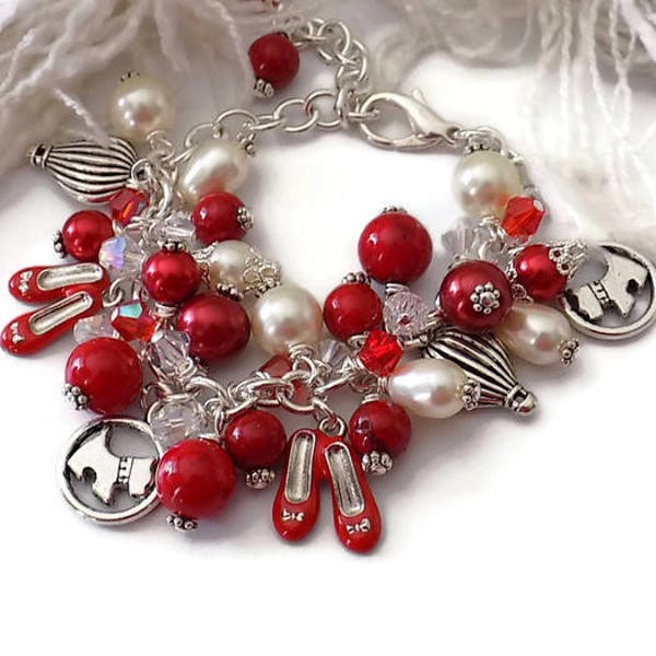 Wizard of Oz Charm Bracelet Wizard of Oz Bracelet Swarovski Crystal Pearl Bracelet Oz Jewelry Red Bracelet Gift for Her