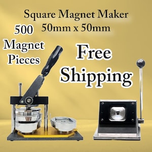 May include: A square magnet maker with the text "Square Magnet Maker" and "500 50mm x 50mm Magnet Pieces". The image shows a press and a cutter. The press has a black handle and a yellow base. The cutter is silver.
