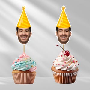 Personalized Photo Face Cutout Cupcake Toppers, Custom Cake Topper for 30th, 21st, and 25th Birthday Party Decorations.