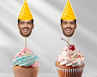 Personalized Photo Face Cutout Cupcake Toppers, Custom Cake Topper for 30th, 21st, and 25th Birthday Party Decorations.