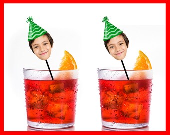 Gepersonaliseerde gezichtsdrankroerstokjes met een feesthoed, print het gezicht van uw baby op roerstaafjes, gepersonaliseerde cocktails, aangepaste gezichtsroerstokjes