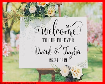 Calcomanía de boda para espejo Bienvenido a nuestro Forever with Names and Date Wedding Vinyl Decal Wedding Sign Vinyl Decal DIY
