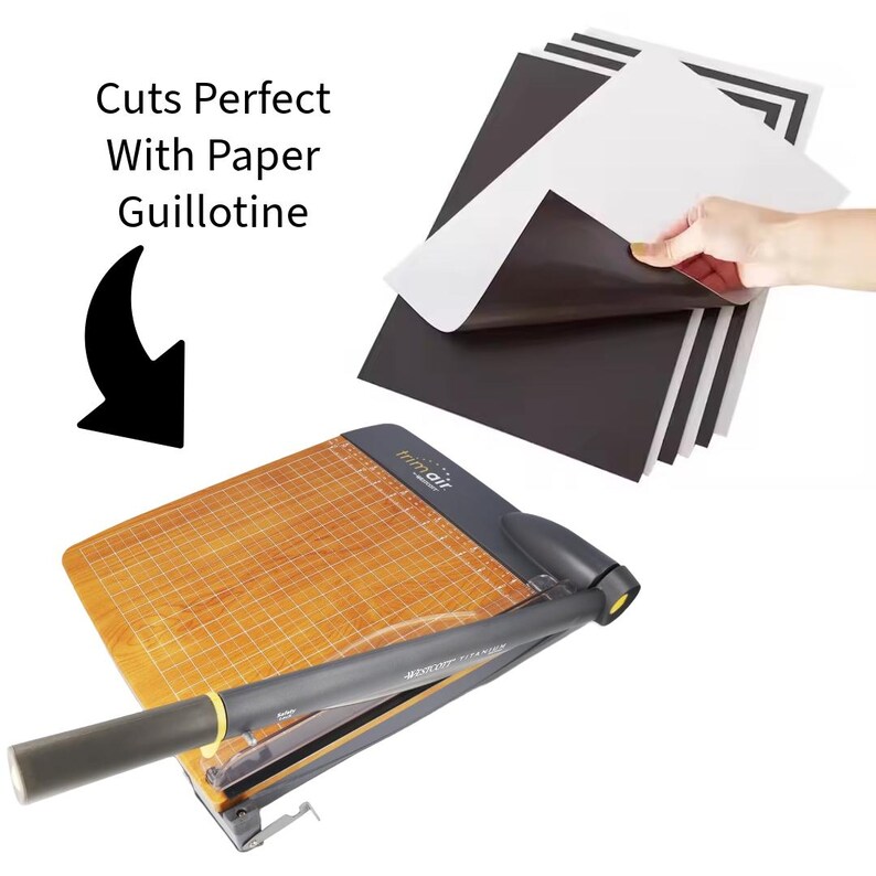 May include: A paper guillotine with a wooden base and a black handle, next to a stack of black and white paper. The text "Cuts Perfect With Paper Guillotine" is displayed.
