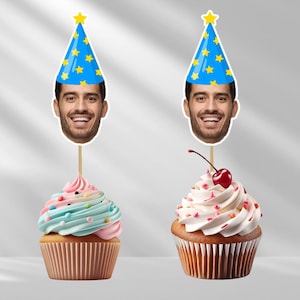 Personalized Photo Face Cutout Cupcake Toppers, Custom Cake Topper for 40th, 25th, 30th, and 50th Birthday Party Decorations.