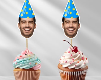 Personalized Photo Face Cutout Cupcake Toppers, Custom Cake Topper for 40th, 25th, 30th, and 50th Birthday Party Decorations.