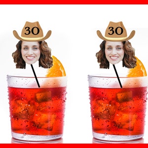Western Cowboy Theme Face Photo Stirrers: Custom Swizzle Sticks for 21st, 25th, 30th, 40th, 50th, and 60th Birthday Party Decorations