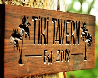 Tiki Sign Custom Wood Signs Couples Gift Hut Sign Custom Wooden Sign Beach House Lake House Palm Tree Last Name Sign Custom Carved Wood Sign