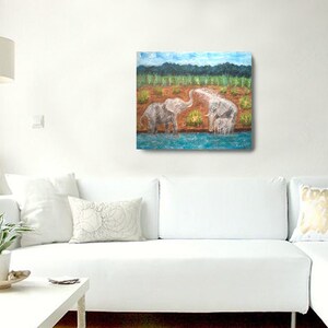 May include: A painting of two elephants playing in a blue pond with green trees in the background.
