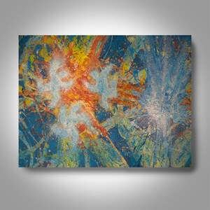 May include: Abstract painting with splashes of blue, yellow, orange, and white paint. The colors are vibrant and create a sense of movement and energy.