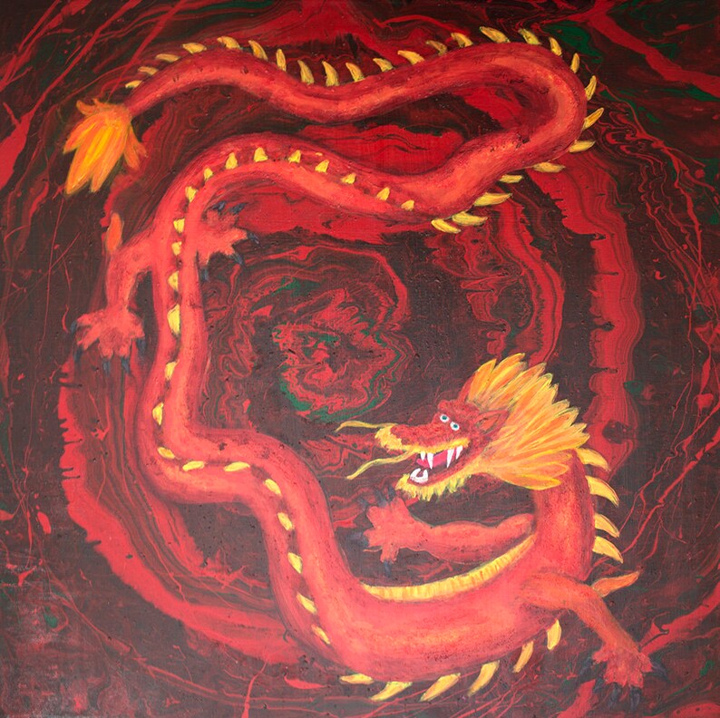 May include: A red dragon with yellow scales and claws is painted on a red, black, and green marbled background.