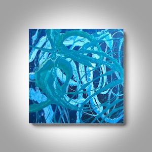 May include: Abstract painting with blue, green, and black paint splatters and streaks on a canvas.