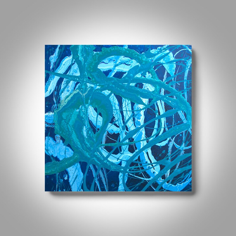 May include: Abstract painting with blue, green, and black paint splatters and streaks on a canvas.