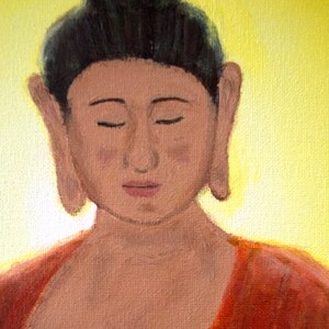 以下が含まれることがあります： 目を閉じた人が赤いローブを着ている絵。その人は頭を剃っていて、瞑想しているポーズで描かれている。