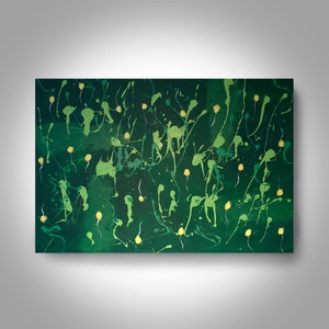May include: Abstract painting with a green background and yellow splatter paint. The painting has a textured look and feel.
