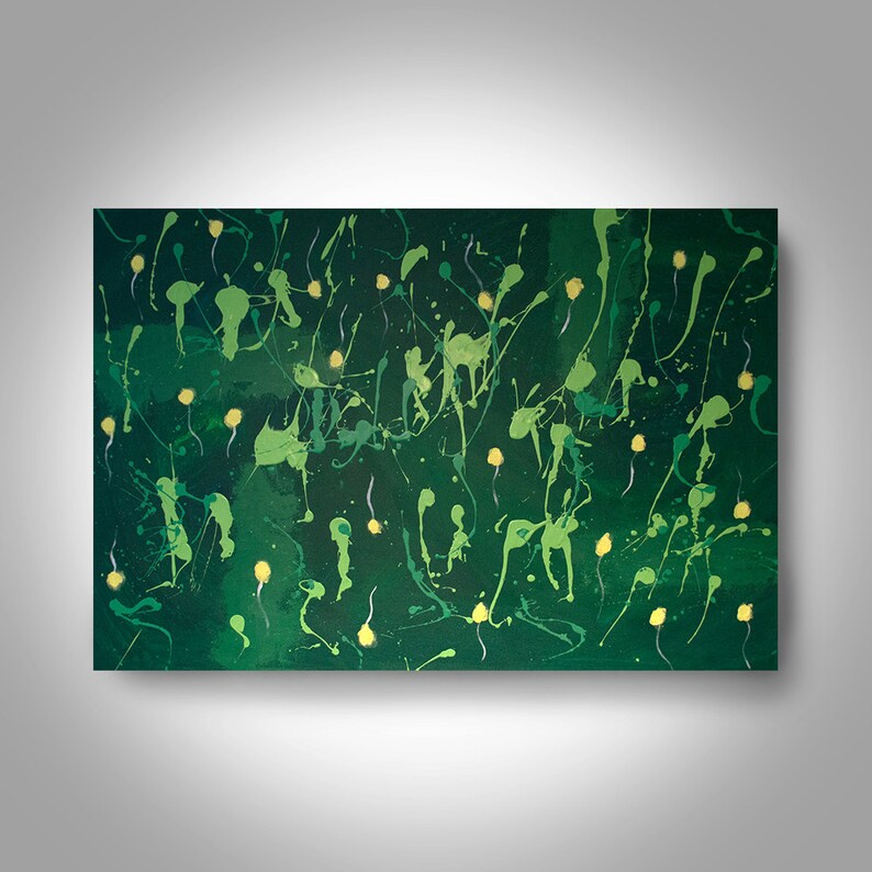 May include: Abstract painting with a green background and yellow splatter paint. The painting has a textured look and feel.