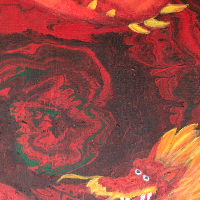 May include: Abstract painting of a red dragon with green and yellow accents. The dragon's head is in the foreground with its mouth open and teeth showing. The background is a swirling red and green pattern.