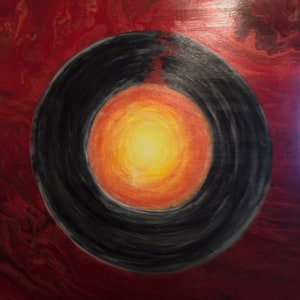 May include: Abstract painting with a black ring around a bright orange and yellow circle on a red background.