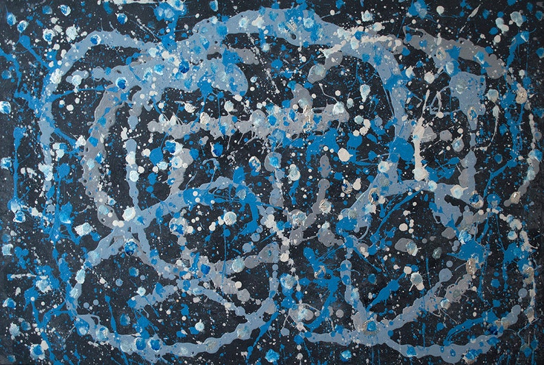 May include: Abstract painting with blue, silver, and white paint splatters on a black background. The paint is applied in a random, chaotic pattern, creating a sense of movement and energy.